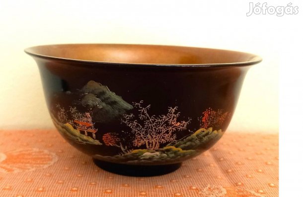 Régi, fekete, lakkozott, cukorkás, bonbonos kínáló tál (12x6cm)