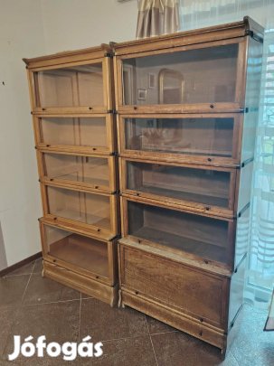 Régi, fémpántos Lingel Károly elemes könyvesszekrény, polc