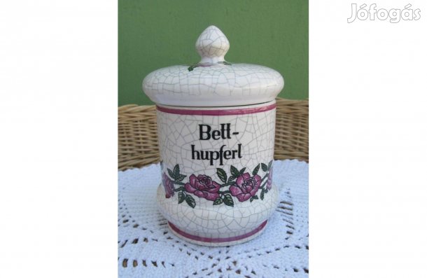 Régi, jelzett, számozott, fajansz tároló