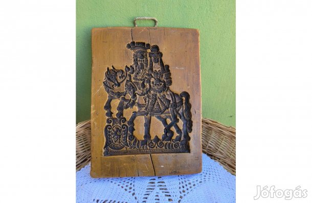 Régi, nagyméretű viasz mézeskalács ütőfa - lovagló fiú-leány