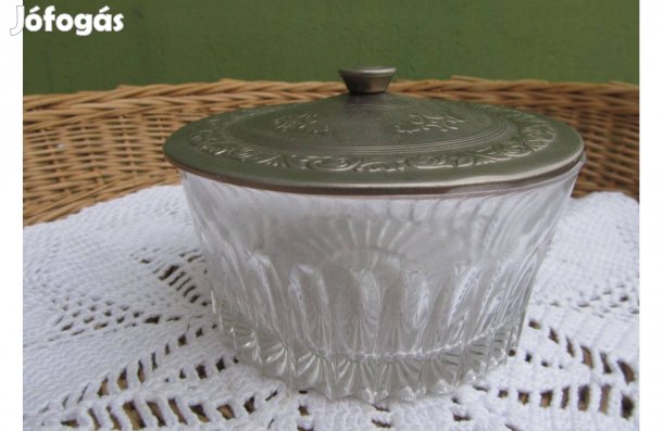 Régi, öntött üveg, fém fedeles cukor tartó