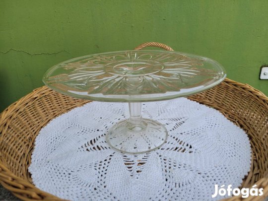 Régi, öntött üveg, talpas tortatál