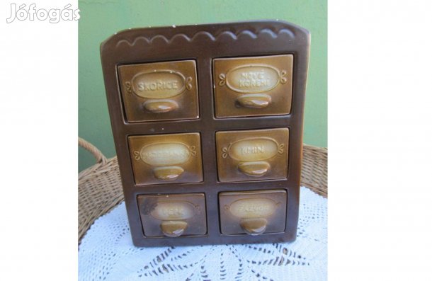 Régi, számozással jelzett, mázas kerámia fiókos fűszer tartó