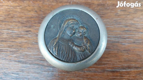 Régi, vallásos kerek doboz, Mária kisdeddel