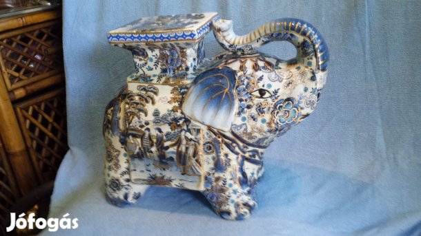 Régi antik kerámia aranyszínű elefánt elefántos virágtartó szobor