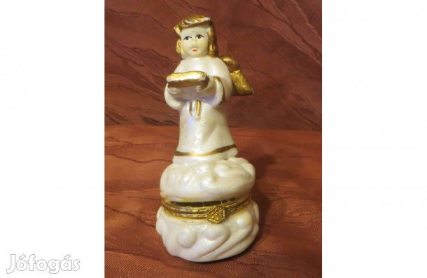 Régi antik kerámia könyvet tartó angyal ékszerdoboz 9 cm