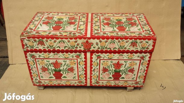 Régi antik népi kézzel festett tulipános faláda fa láda tároló ritka