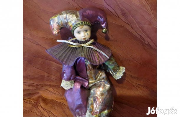 Régi antik porcelán bohóc baba Harlequin típusú 21. magassága 24 cm