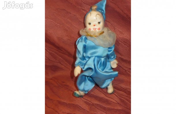 Régi antik porcelán bohóc baba kék ruhában 19. magassága 19 cm