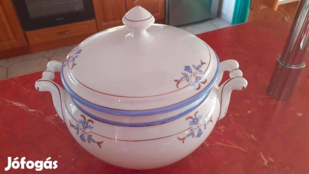 Régi antik porcelán virágos leveses tál népi füles fedeles komatál