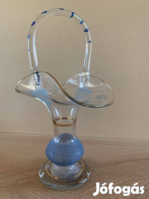 Régi aranyozott, kézzel festett dísz üvegtál kínáló