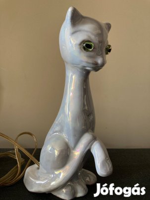 Régi art deco GDR német kerámia cica macska lámpa 1950s irizáló mázas