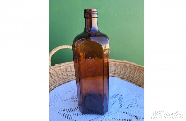 Régi borostyánsárga feliratos, pecsétes likőrös üveg -NDK