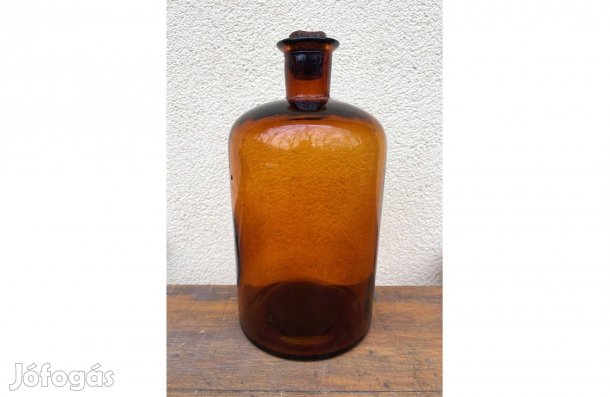 Régi borostyánszínű barna patika labor üvegpalack 2 L üveg