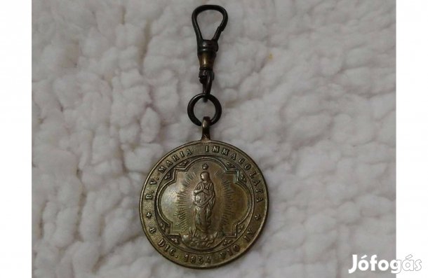 Régi bronz kegytárgy X. Pius pápa Szeplőtlen Mária medál