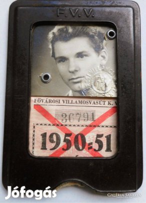 Régi diák villamosbérlet bakelit tokban (F.V.V. 1950-51)