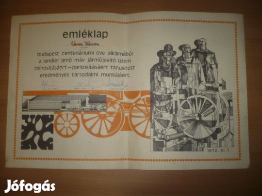 Régi emléklap máv járműjavító társadalmi munka 1972