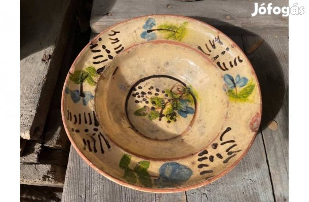Régi erdélyi székely cserép antik fali tányér virágmintás