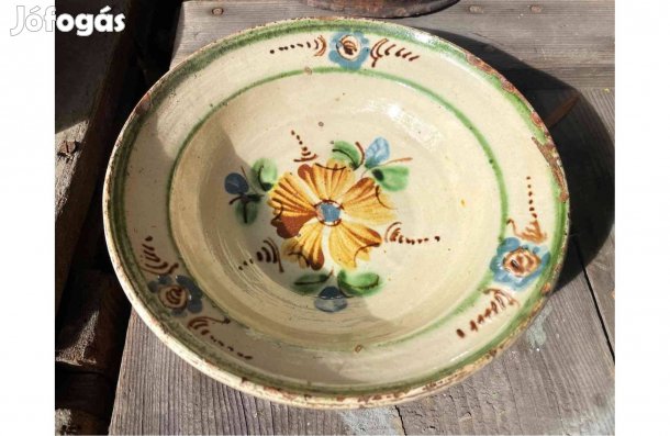 Régi erdélyi székely cserép antik fali tányér virágmintás