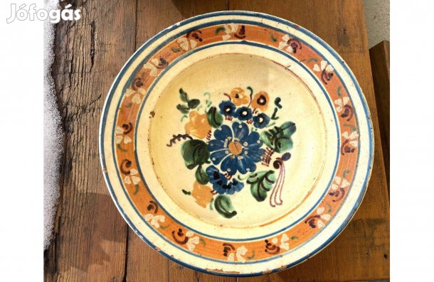 Régi erdélyi székely cserép antik fali tányér virágmintás