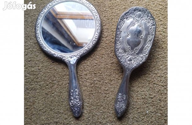 Régi ezüstözött fésülködő tükör és fésű hajkefe sosem használt Ezüstö