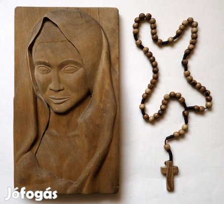 Régi fa Szűz Mária Madonna faragott fali kép dombormű faragás olvasó