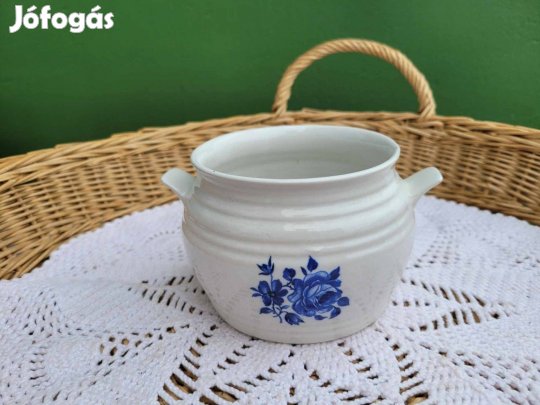 Régi fajansz kék virágmintás edény