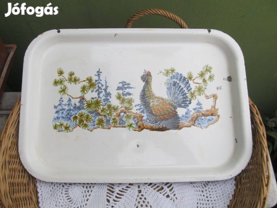 Régi fajdkakas mintás tűzzománc tálca