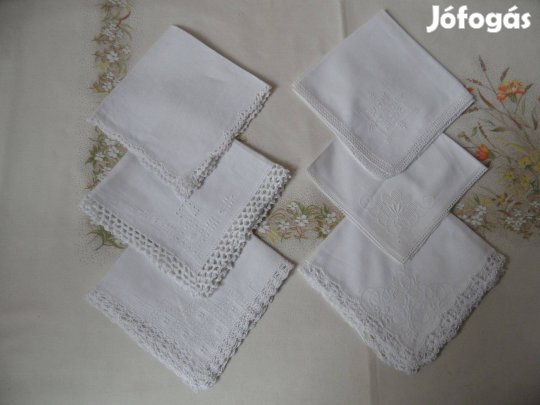 Régi fehér hímzett díszzsebkendő kézi horgolású szegéllyel ( 6 db. )