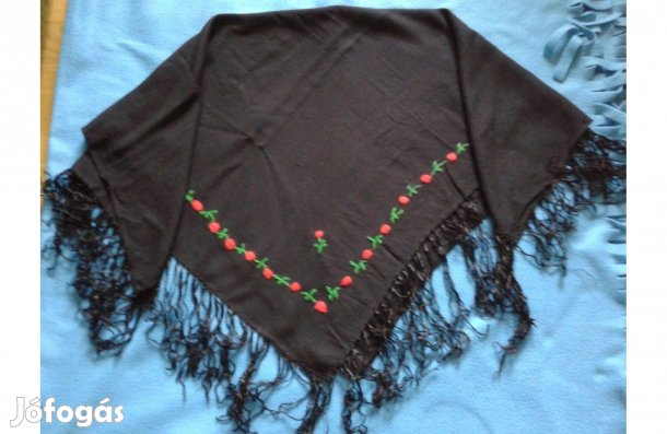 Régi fekete népviseleti széki fejkendő, vállkendő rojtos széllel