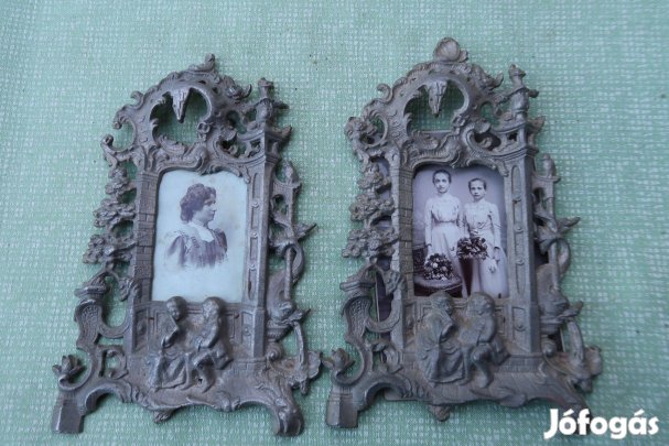 Régi fém fényképtartó párban-antik fotókkal