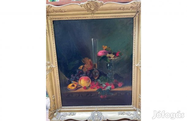 Régi gyümölcs-virág nagyméretű csendélet antik olaj vászon festmény