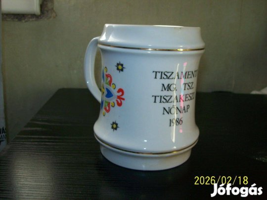 Régi hollóházi porcelán korsó-Tiszamenti MG. TSZ. Tiszakeszi
