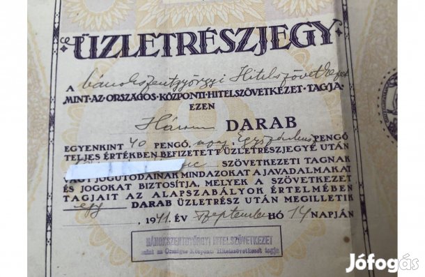 Régi irat 1941-es üzletrész jegy 5000 ft