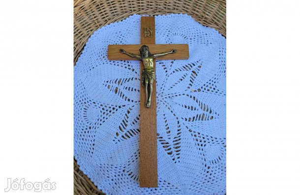 Régi jelzett fa kereszt réz Jézussal