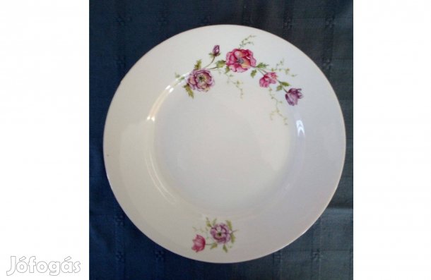 Régi jelzett porcelán kínáló tál aranyszél festett pink rózsakoszorú