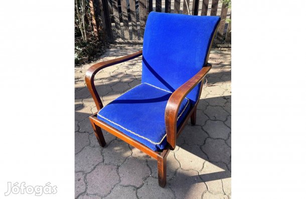 Régi kék bársony íves karfás antik art deco fotel Kozma Lajos?