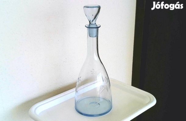 Régi kék metszett üveg dekanter, bor kínáló palack 36 cm