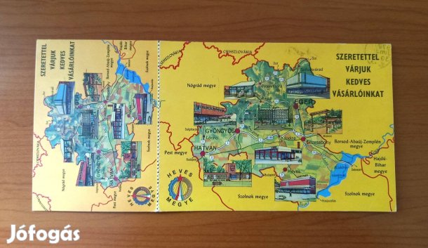 Régi képeslap, térképes,1977-78-as naptárral Heves megye