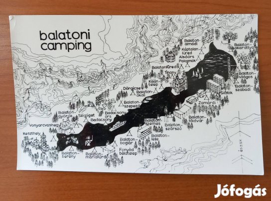 Régi képeslap, térképes Balatoni camping / kemping
