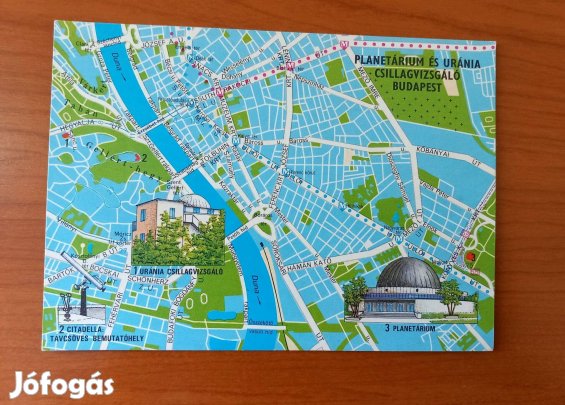 Régi képeslap, térképes Budapest Planetárium Uránia csillagvizsgáló