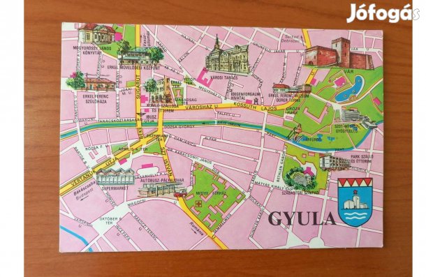 Régi képeslap, térképes Gyula (1972)