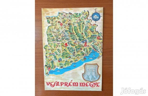 Régi képeslap, térképes Veszprém megye (1975)