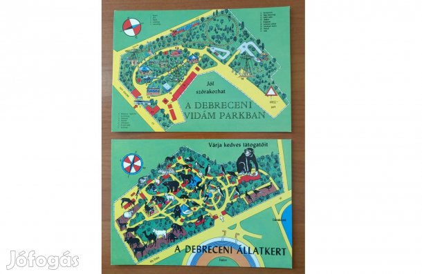 Régi képeslap párban, térképes - Debrecen, Állatkert és Vidámpark