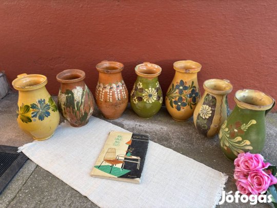 Régi kerámia szilke köcsög virágos falusi paraszti 