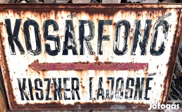 Régi kétoldalas kézzel festett acél hirdetőtábla
