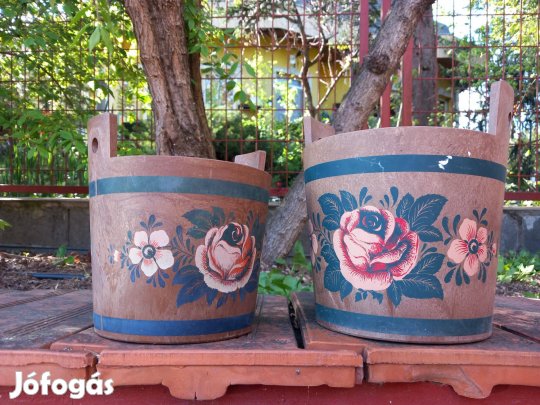 Régi kézi festett masszív dázsa kaspó két méret egyedi db