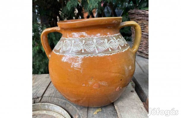 Régi kézzel festett füles hasas kerámia korsó edény népi paraszti deko