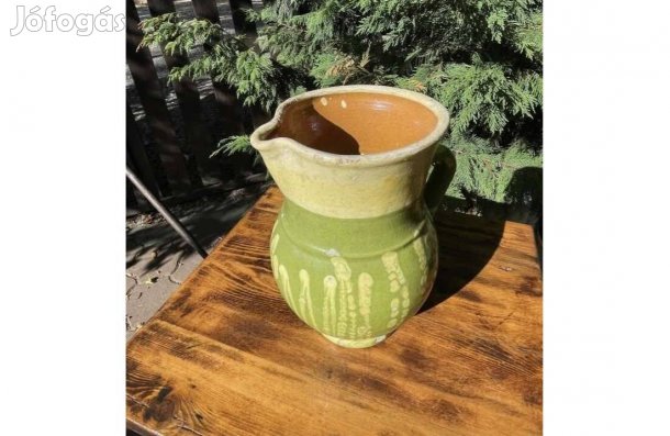 Régi kézzel festett füles kerámia korsó kancsó népi paraszti dekoráció