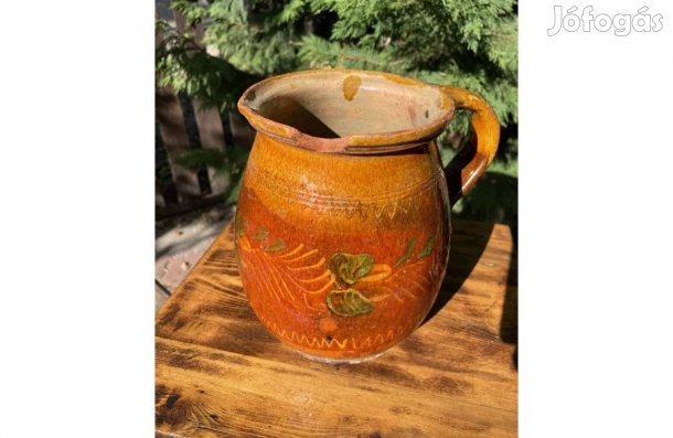 Régi kézzel festett füles kerámia korsó kancsó népi paraszti dekoráció
